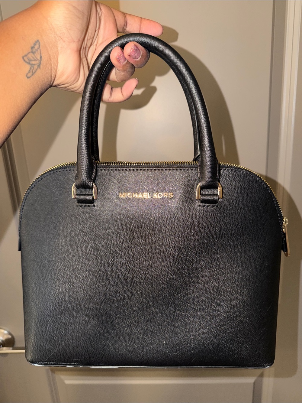 Michael Kors Black Saffiano Dome Satchel with Gold Hardware